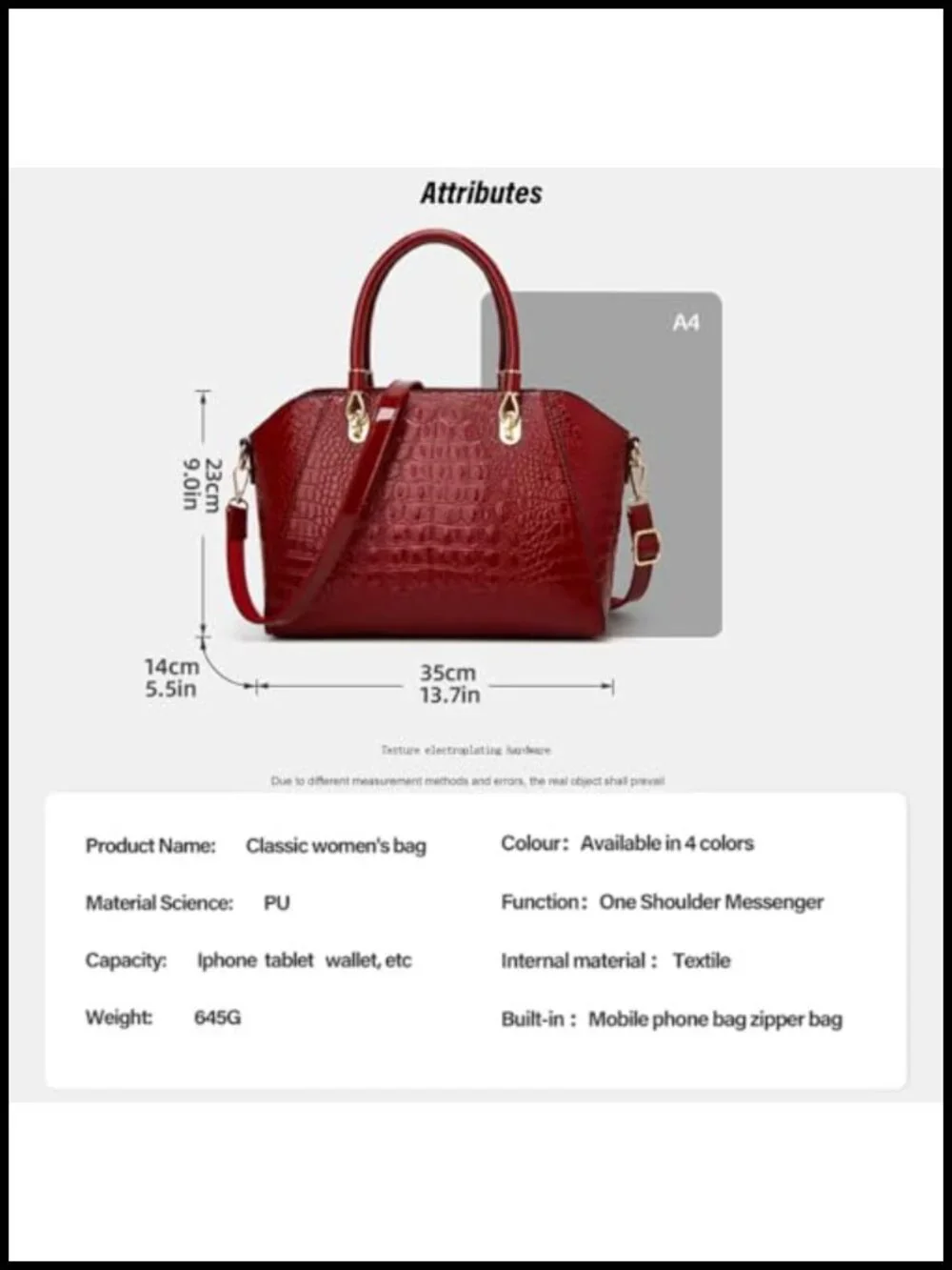 Patent Leather Crocodile Pattern Tote Satchel Work Shoulder Bag